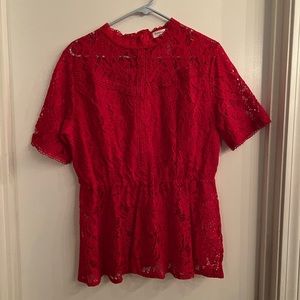 Red lace high neck peplum blouse || XL